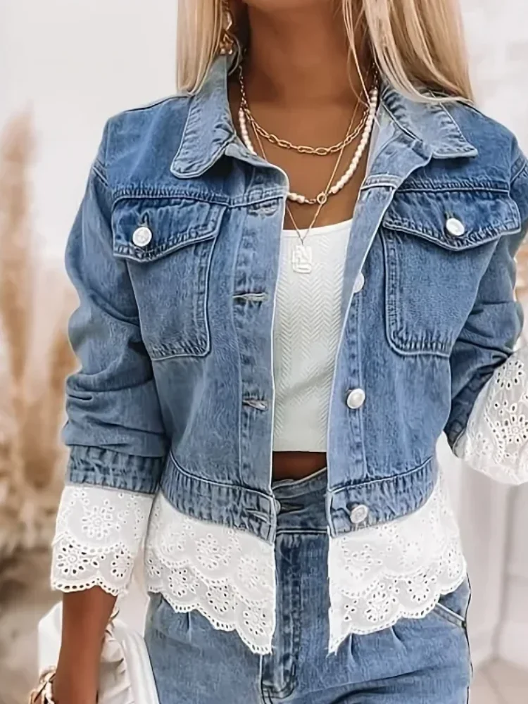 

Women Casual Lace Denim Jacket Fashion Long-sleeved Single Breasted Short Coat 2026 Spring Lady Daily Commute Street Outwear