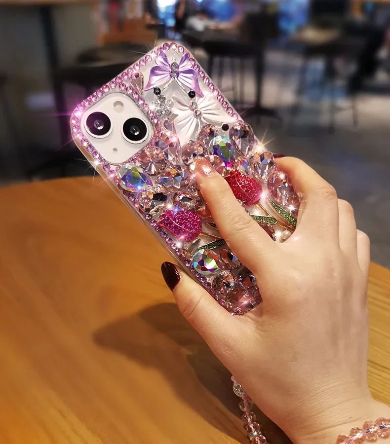 Coque de téléphone de luxe en diamant scintillant + étui Rose Gir en strass transparent pour iPhone 16 11 14 Pro Max12 13 Pro Max 15