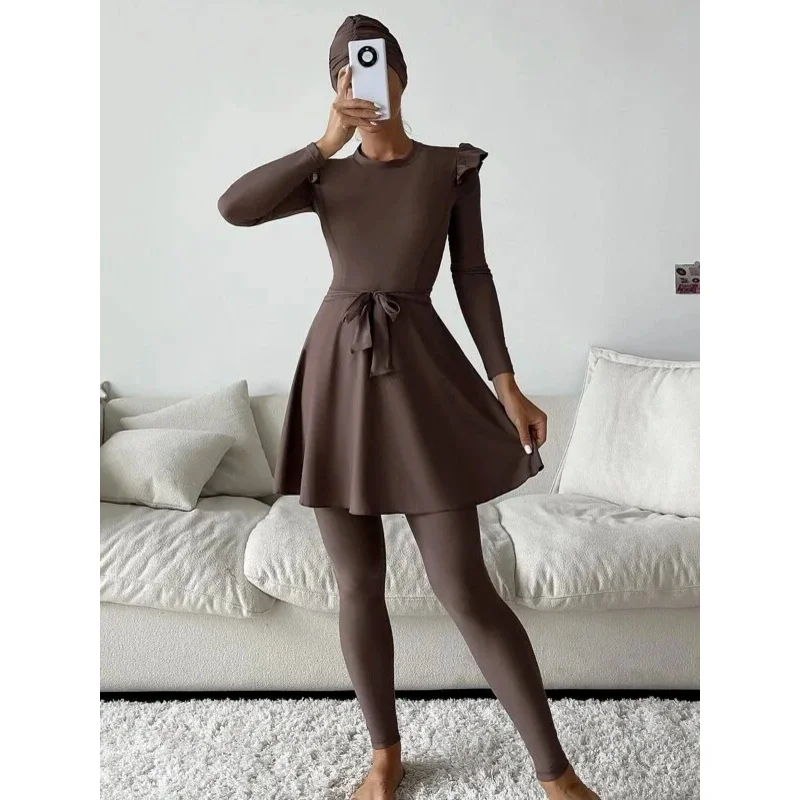 2024 Muslim Swimwear Women Modest Solid Hijab Long Sleeves Sport Swimsuit  Islamic Colorblock High Neck Burkini Swimsuit