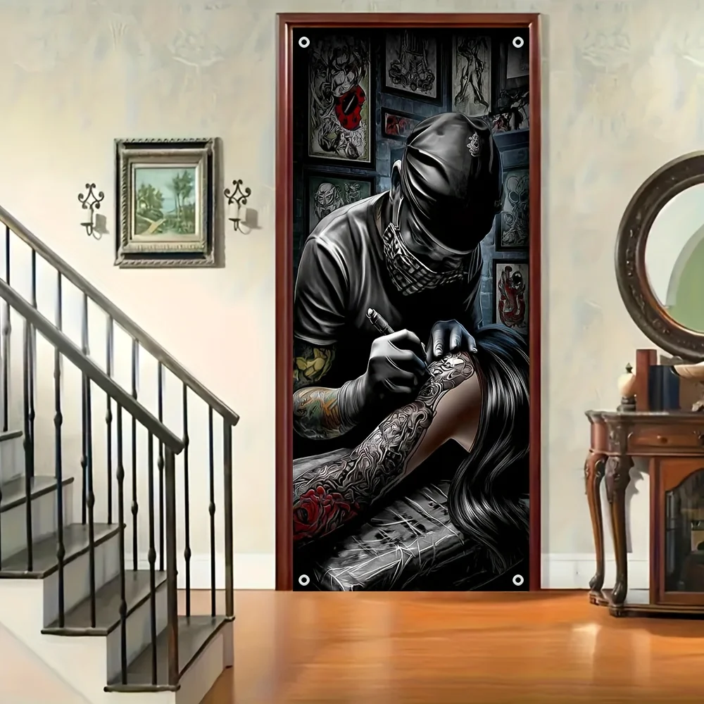 2D Flat Banner, Door Canvas, 1-piece set. Printed door cover. Feature: Gothic-style skull couple tattoo.