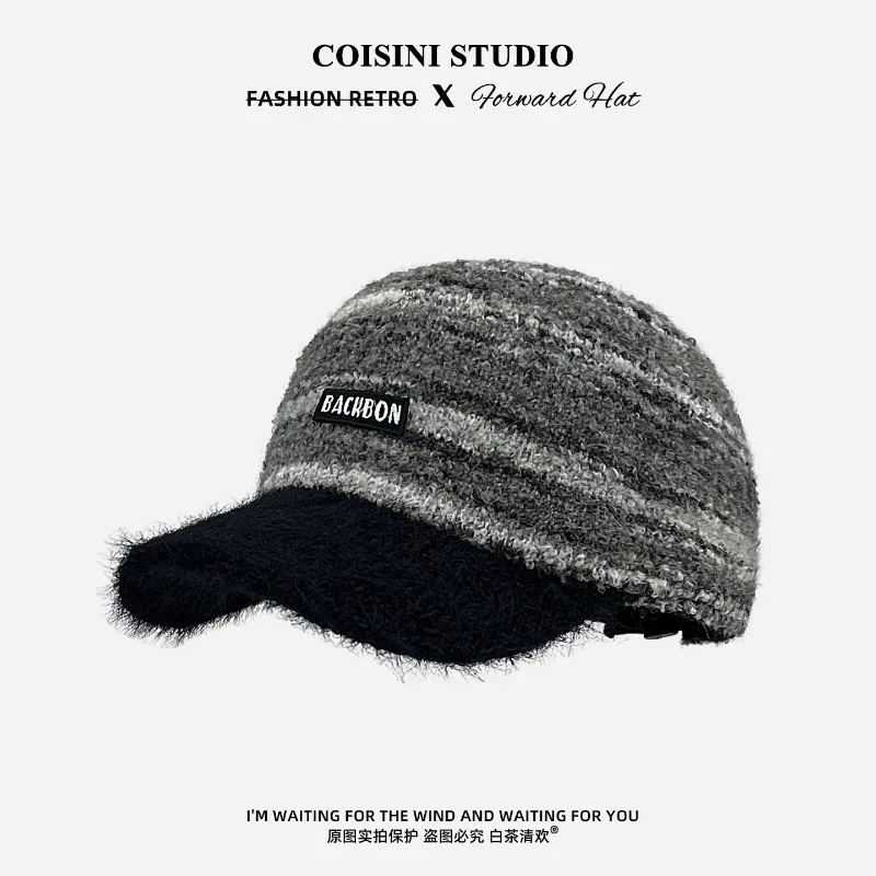 Japanische, farblich abgesetzte, gestreifte, gestrickte Plüsch-Baseballkappe für Herbst und Winter, warm, vielseitig, personalisierbar, für Damen und Herren – Detail 3