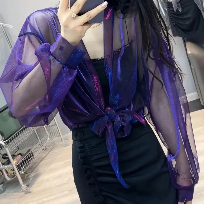 Women's Fashion Sunscreen Clothing 2025 Summer New Thin Blouses Loose Solid All-match Polo Neck Long Sleeves Shirts