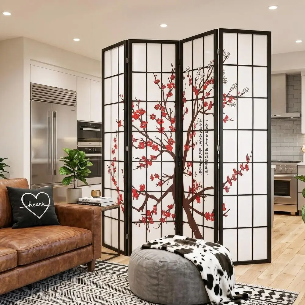 4-Panel Asian-Style Tall Portable Wood Room Divider with Floral Design