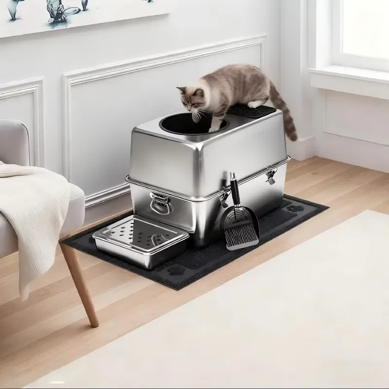 304 Stainless Steel Cat Litter Box Fully Enclosed Top Entry Splash Proof Deodorant Dust Free Easy Clean Large Pet Toilet Top