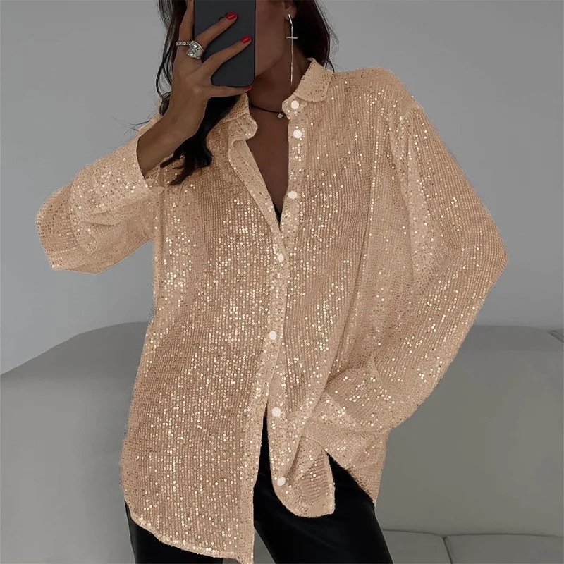 

Fashion Versatile Sequin Shirt Autumn New Solid Color Lapel Long Sleeve Button Top Elegant Banquet Women's Clothing