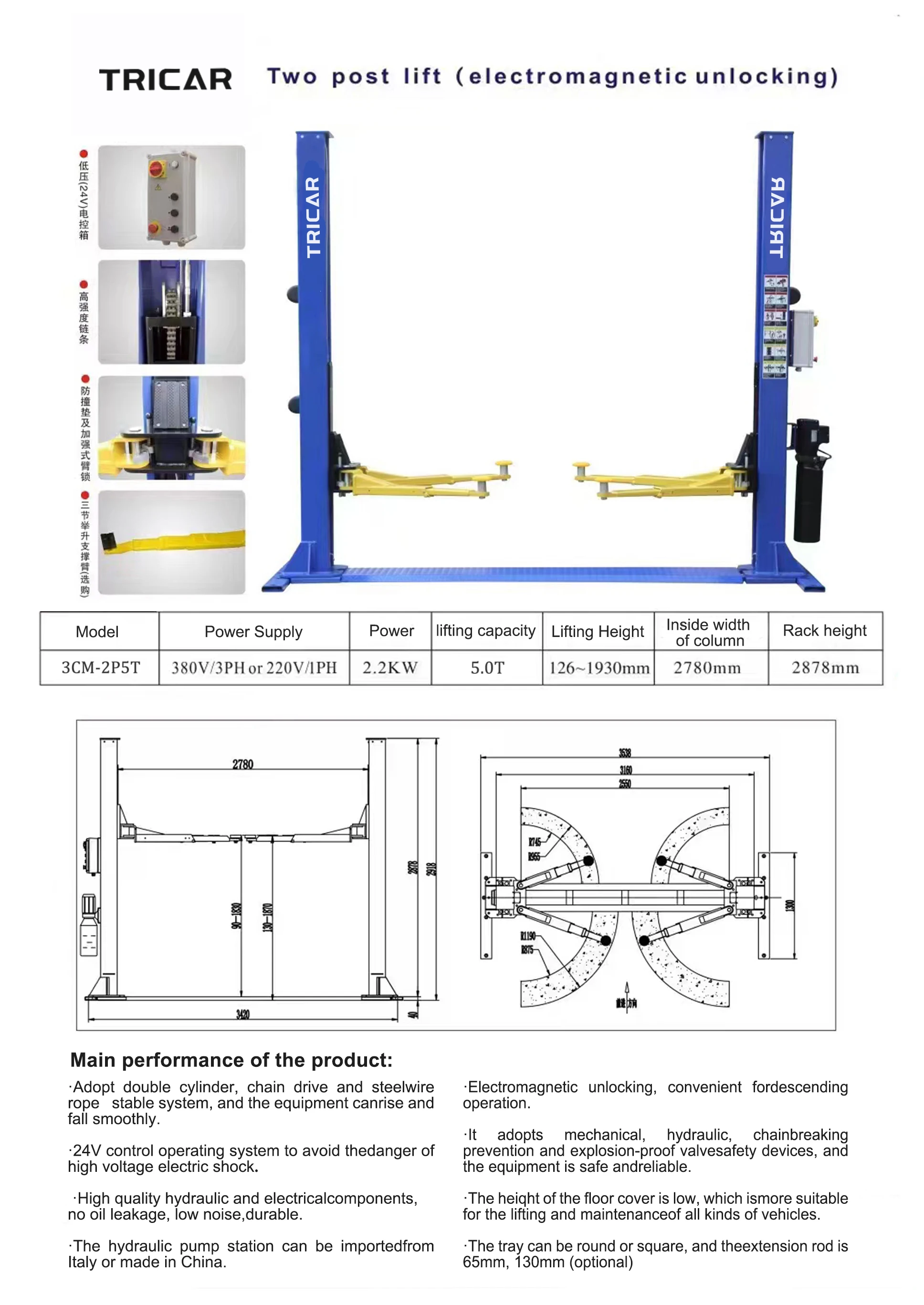 Factory Direct Supply 5t 5.5t Electrical Release Car Lift 2-Post Auto Hydraulic Lifting Machine Double Cylinder Hydraulic Lift