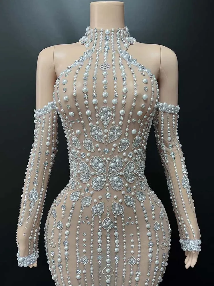High quality rhinestone hot bead sexy off shoulder hanging neck slit dress 2025 new fashion custom women's clothing