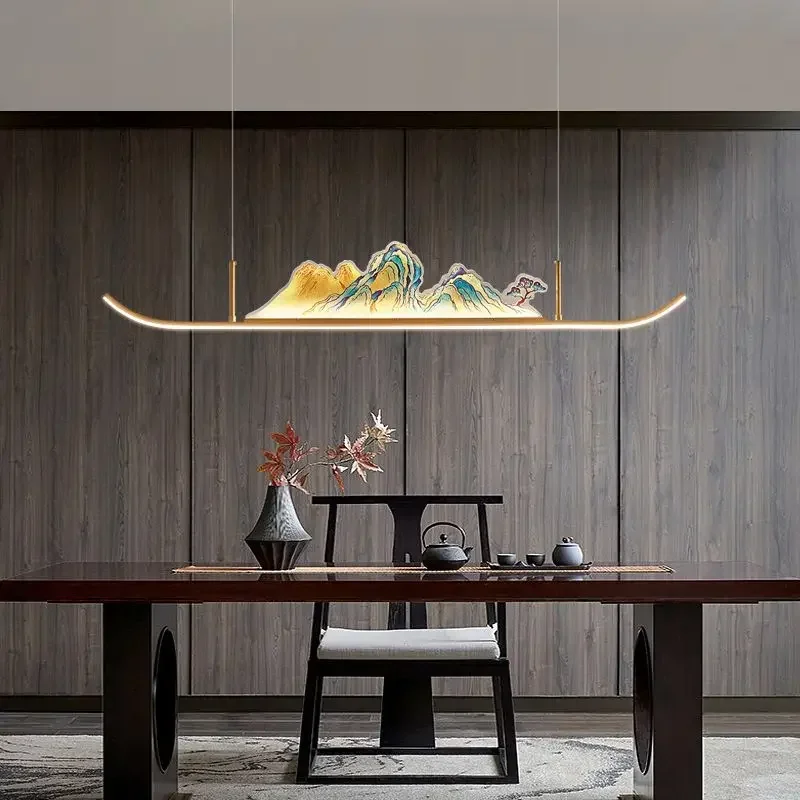 Enamel Colored Tea Room Pendant Light Long Zen Style Study Desk Minimalist Chinese Landscape Restaurant Hanging Fixture