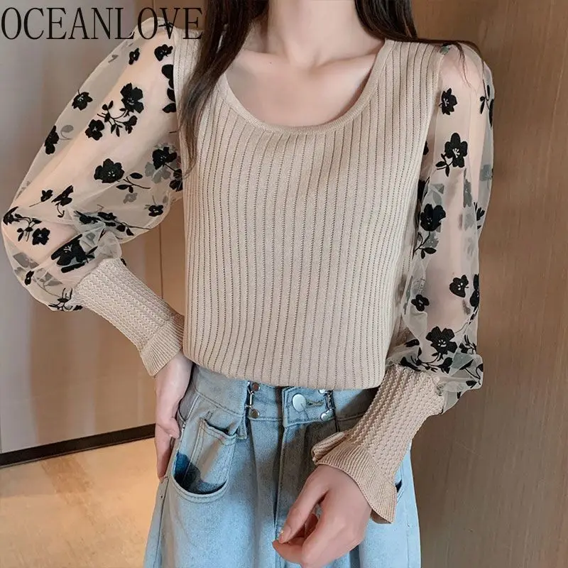 

OCEANLOVE Mesh Patchwork Woman Sweaters Autumn Winter Pullovers Korean Fashion Vintage Contrast Color Sweet Pull Femme