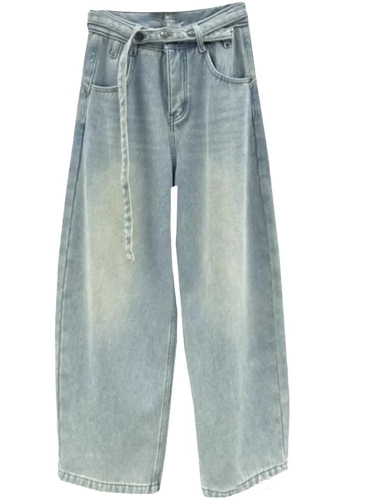 

Y2K потертые светло-голубые джинсы женские с завязками на талии дизайн изогнутые брюки-ножи с высокой талией широкие брюки зимний новый джинсовый