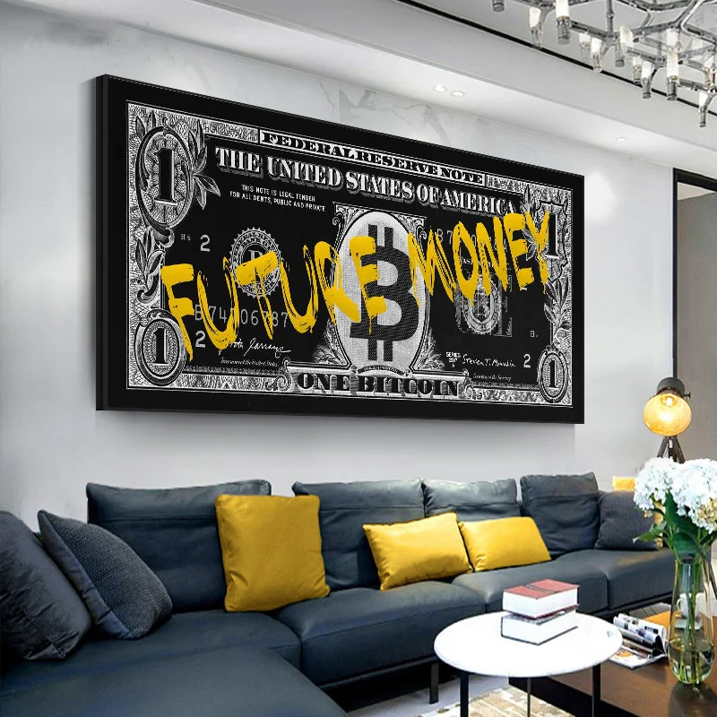 Motivational Money Wall Art Painting Money Never Sleeps and Future Money Gold Text on Bitcoin Dollars Canvas Posters Home Decor