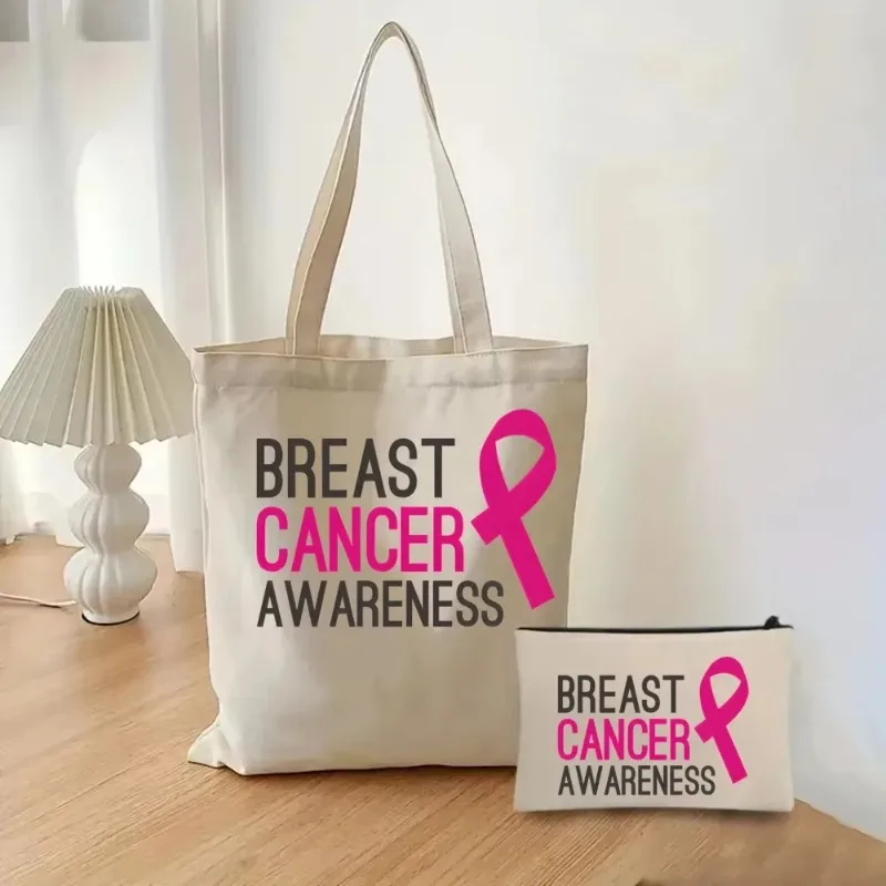 Fashion 2 Pieces Pink Breast Cancer Awareness Printed Tote Women's Cosmetic Bags Eco Large Capacity Portable Shopping Bag Purse