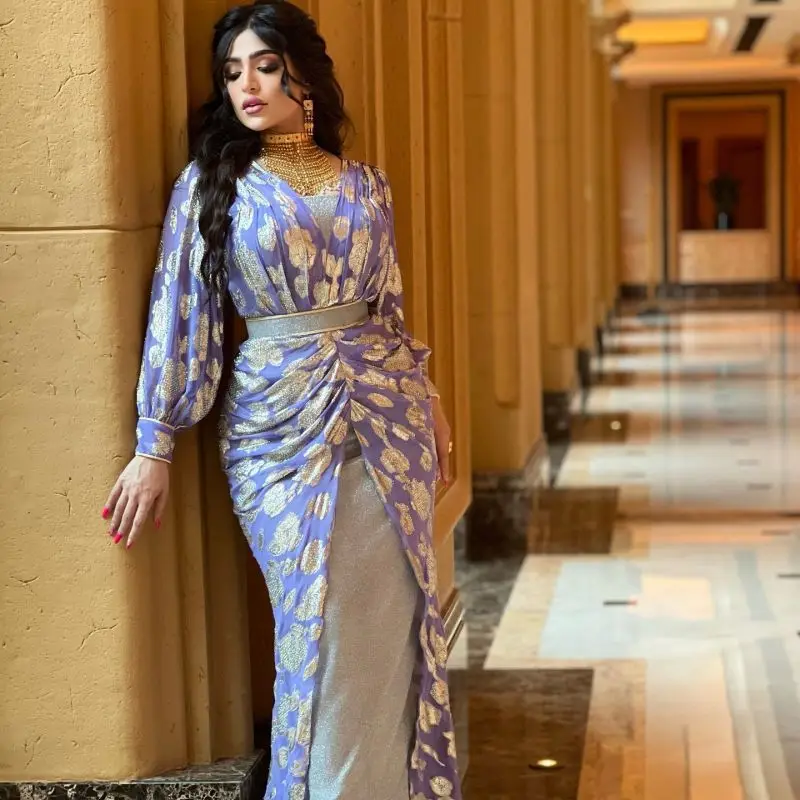 

Customized Women's Adult Modern Dance Performance Costume Sexy Gold Print Chiffon Makeup Ball Bag Hip Dress Dress Dress