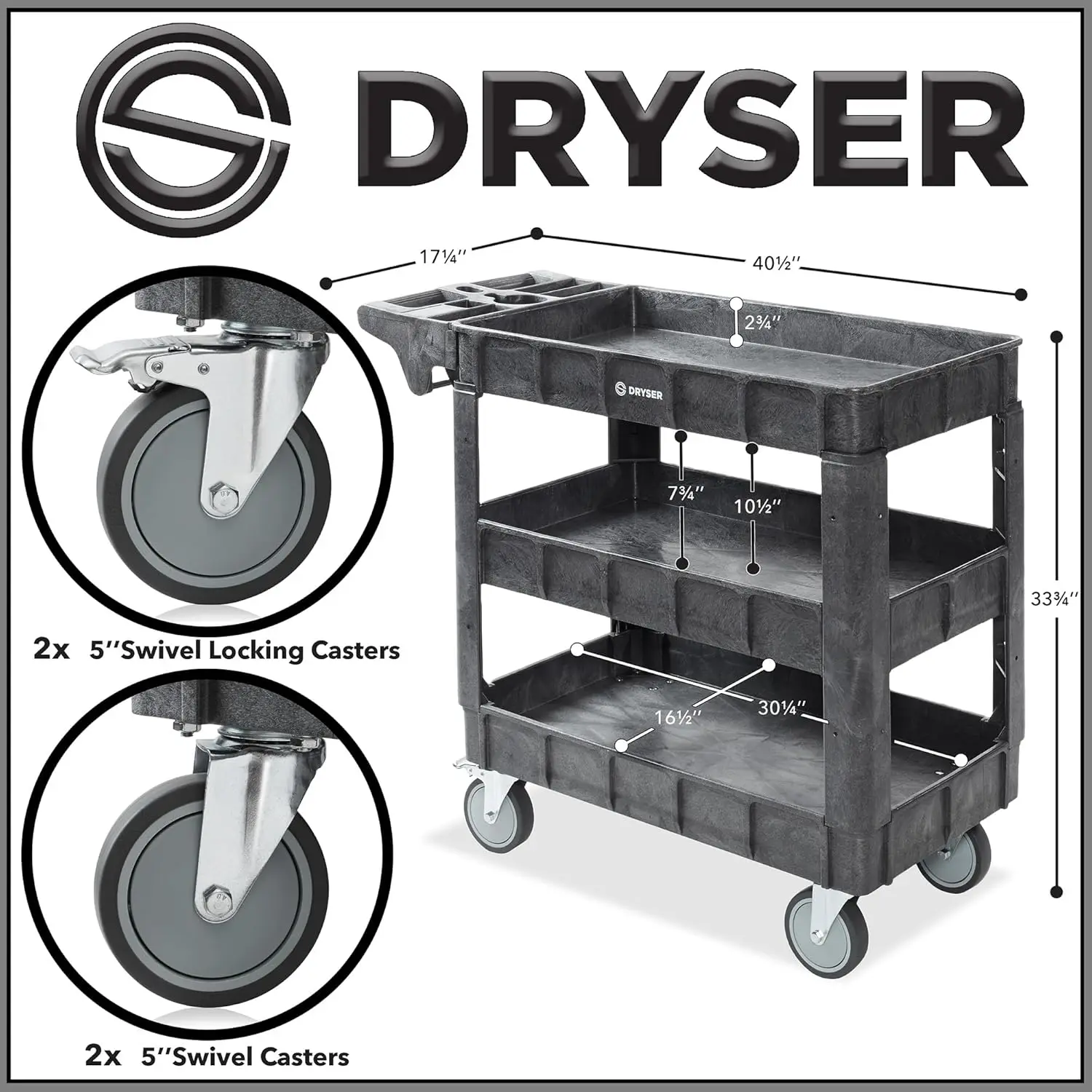 Utility Service Cart with Wheels, 40" x 17" Heavy Duty 550 lb. Capacity with Shelves - 3 Tier Rolling Cart with Four 5" Swivel C