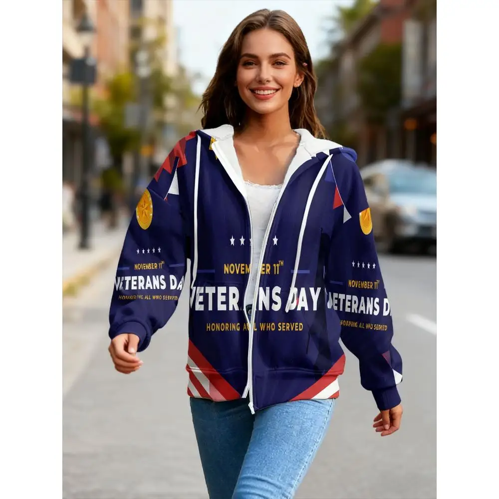 

Veterans Day Themed Women's Zip-Up Hoodie with 3D Full-Print Honoring All Who Served, Stylish Casual Sweatshirt with Patriotic E
