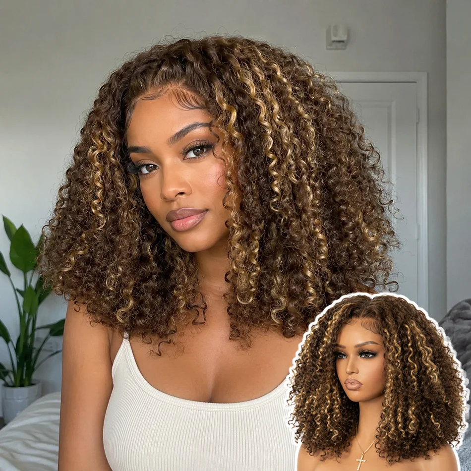 Wear And Go Glueless Highlight Bob Wig Human Hair 5X5 Brazilian Hd Transparent Lace Closure Front Wig Original Curly Short 427 Honey Blonde Deep Wave Frontal Wig