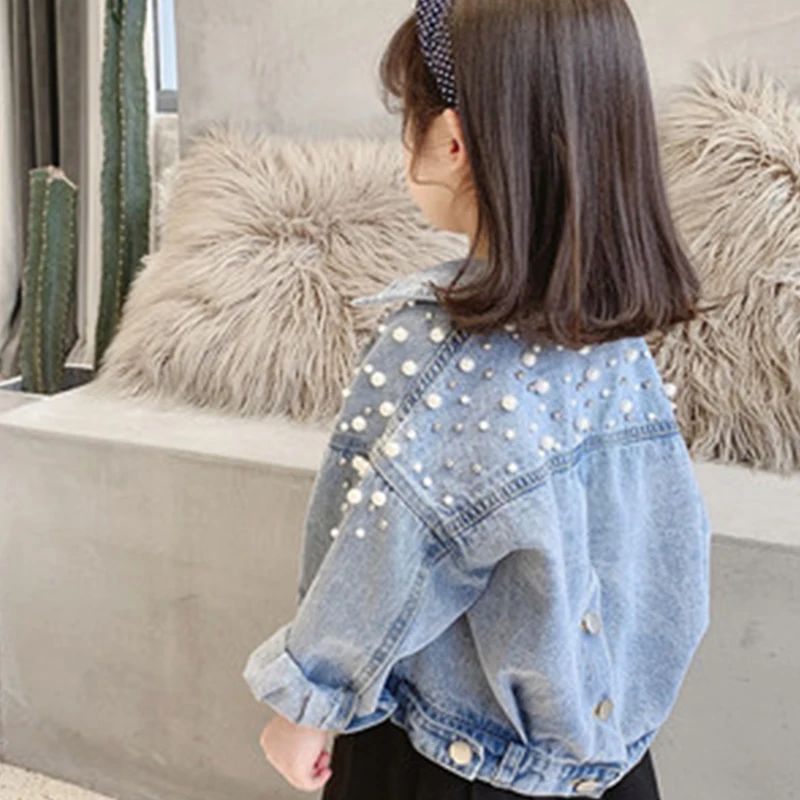 

Autumn Baby Girls Pearls Beading Denim Jacket Coats Children Clothing Spring Toddler Girls Outerwear Jean Jackets Kids Clothes