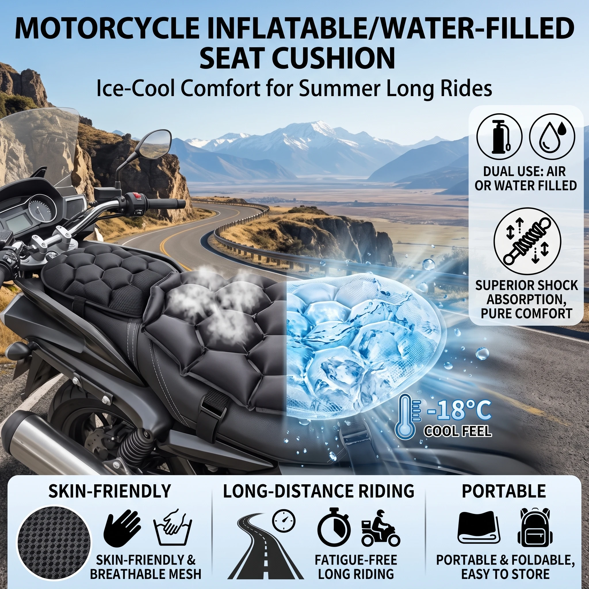 Inflatable Motorcycle Seat Cushion Water Filled Shock Absorbing Breathable Universal Electric Scooter Long Ride Anti-Fatigue Pad