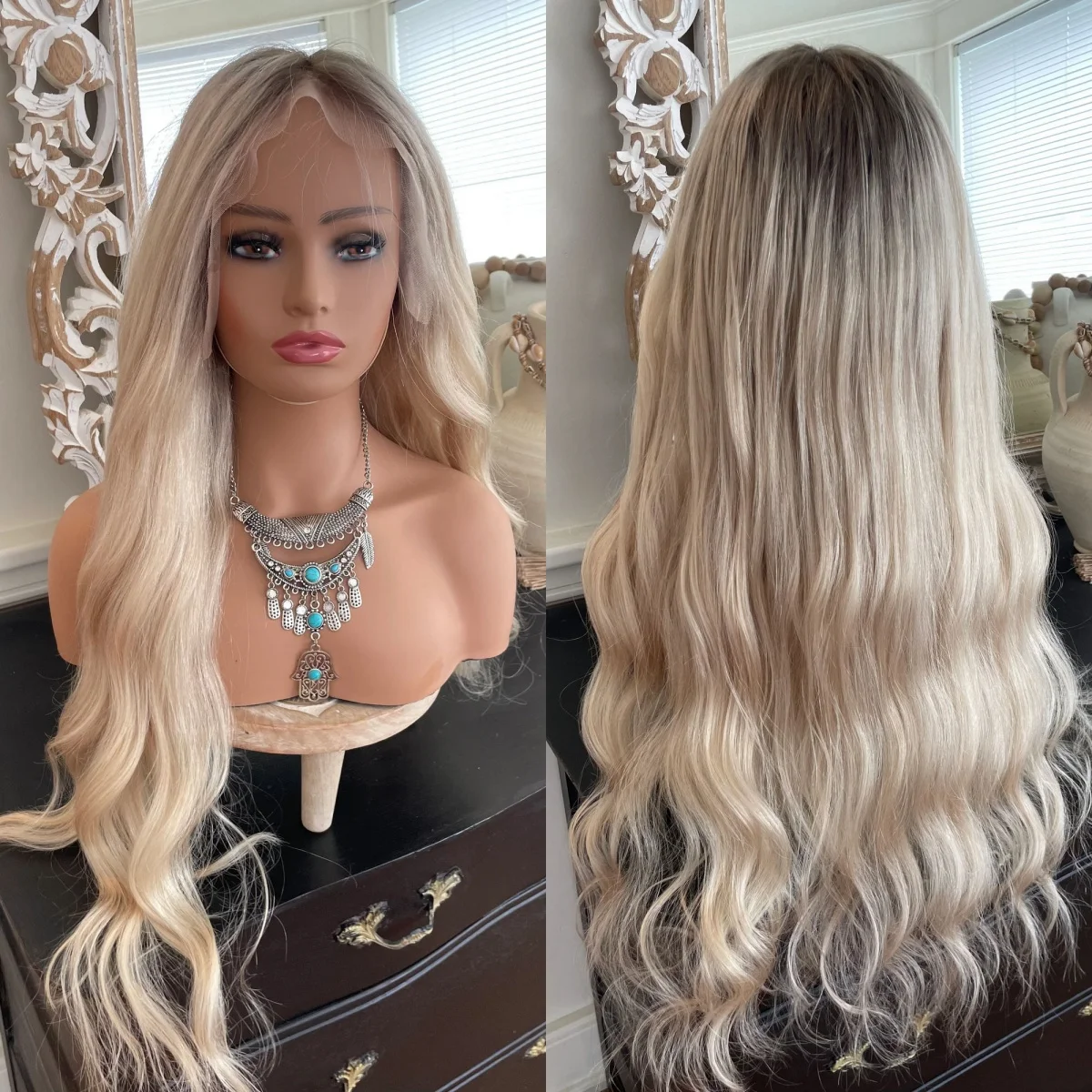 

26 Inches Ombre Ash Blonde Deep Wave Synthetic Lace Top Wigs Long Length Loose Wave Free Part Heat Resistant Fiber Wigs Daily