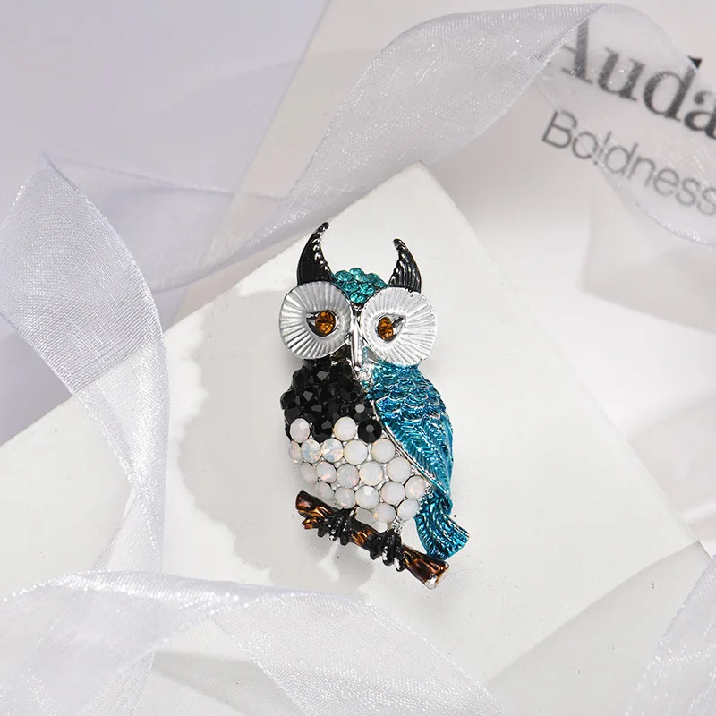 Luxury Vintage Women Rhinestone Owl Enamel Brooches Pins Elegant Lady Cute Crystal Animal Drip oil Brooch Pin Jewelry