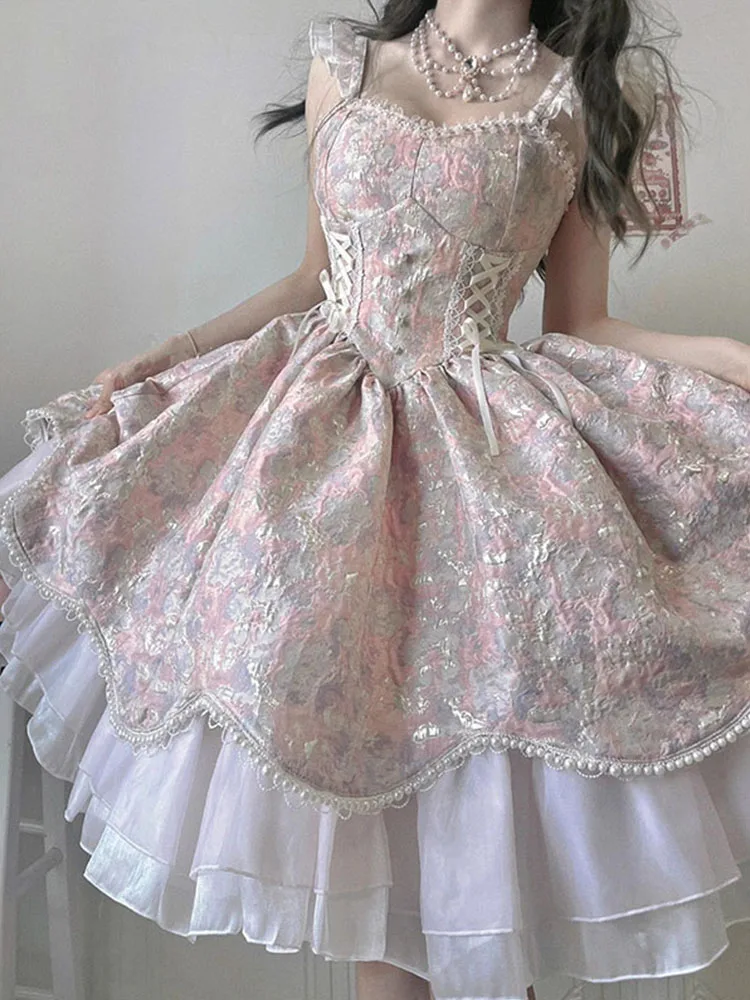 Pink Purple Flying Sleeve Jacquard Lolita Dress Jsk Cute