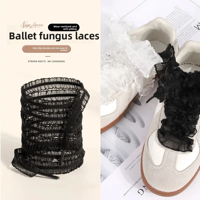 Ballet Style Bow Elastic Shoelaces Polyester Black White Lace Ruffle Edge Flat Feature Compatible Sneakers Personalized