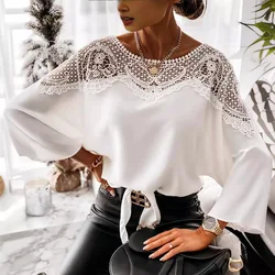 High-quality new spring and fall new long-sleeved lace lace blouse solid color commuter blouse round collar