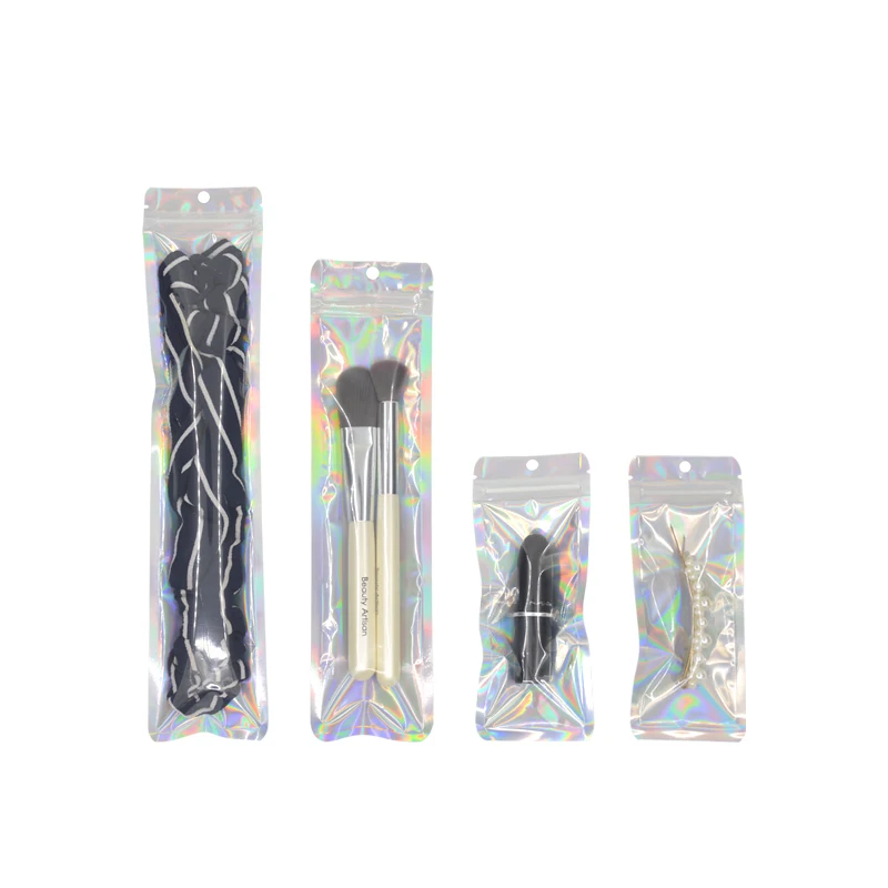 100 Pcs Hologram Aluminum Foil And Transparent Zip Lock Bags Long Plastic Pouch Watch Pen Jewelry Cosmetic Usb Data Cable Bags