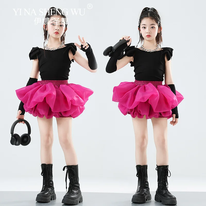 Meninas traje de dança jazz preto topos rosa saia curta conjunto crianças hip hop dança de rua t-stage modelo mostrar roupas de moda
