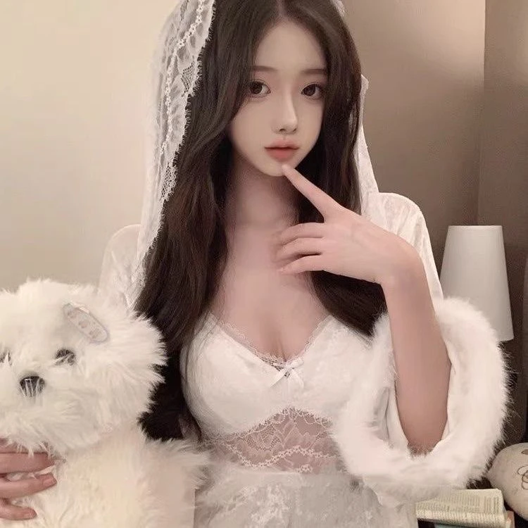 

Atmospheric Pure Desire Fairy with Chest Pad Strap Sleep Dress Robe Hooded Fur Collar Sexy Lace Gold Velvet Home Clothes