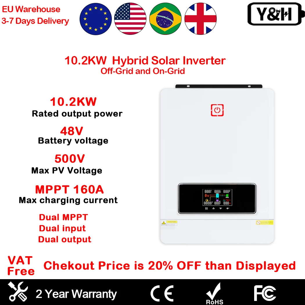 Y&H 10.2KW Hybrid Solar Inverter 48VDC 230VAC MPPT 160A Solar Charge Controller Max PV 500V pure sine wave Run Without Battery