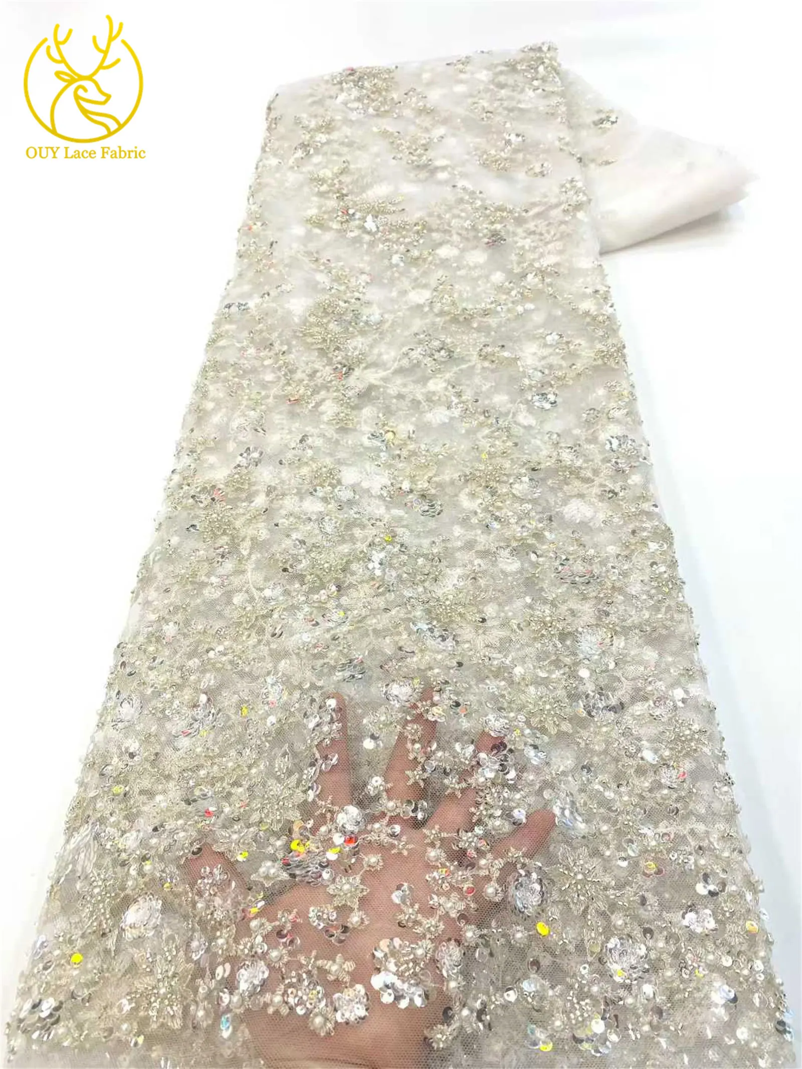 2026 New African Groom Embroidered Beaded Lace Fabric Nigerian French Sequin Lace Fabric for Bridal Wedding Party Dresses