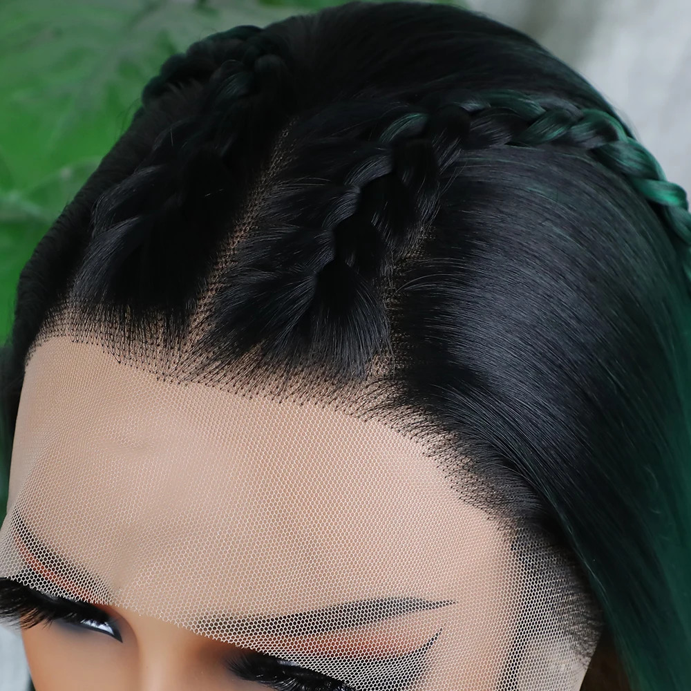 13 * 3 Dark Green Ombre Synthetic Lace Front Wigs Free Part Green and Black Pre Plucked Natural Hairline