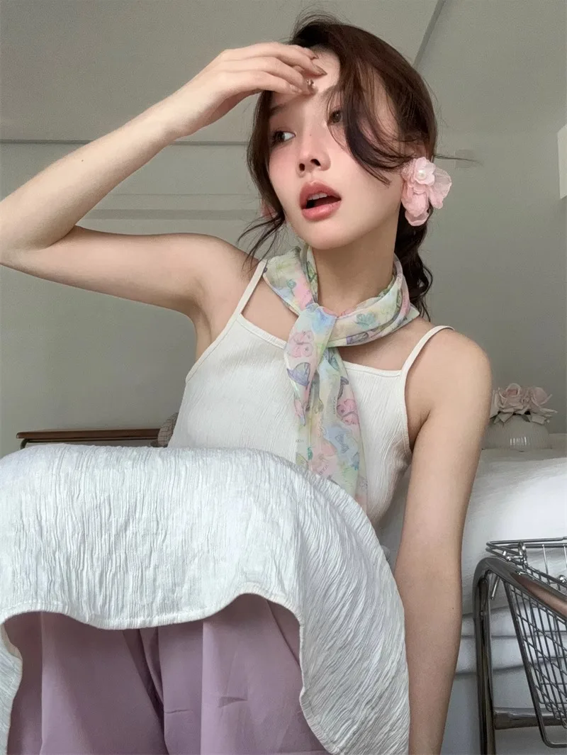 French Floral Headscarf Spring Summer Artistic Chiffon Square Scarf Beach Retro Hair Scarf Women Travel Photo  Accessories