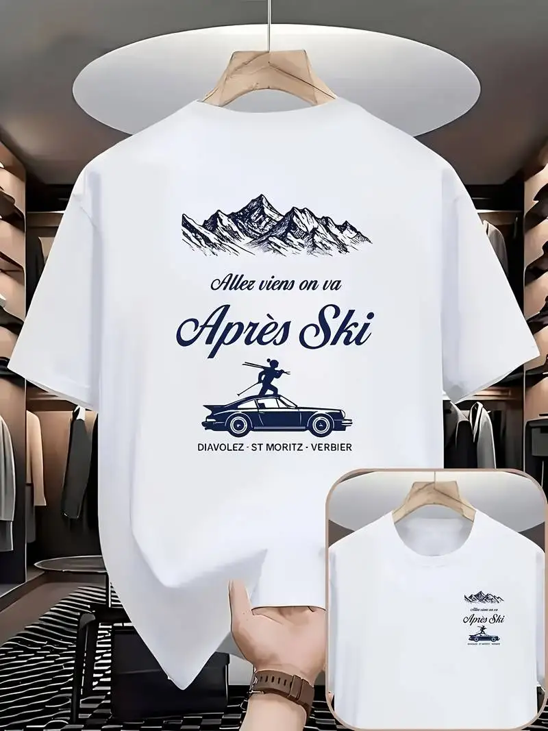 Black White Navy Blue Vintage Style Allez Viens On Va AprèS Ski Snow Mountain Ski Sports Car Men's Print Short Sleeve T-Shirt