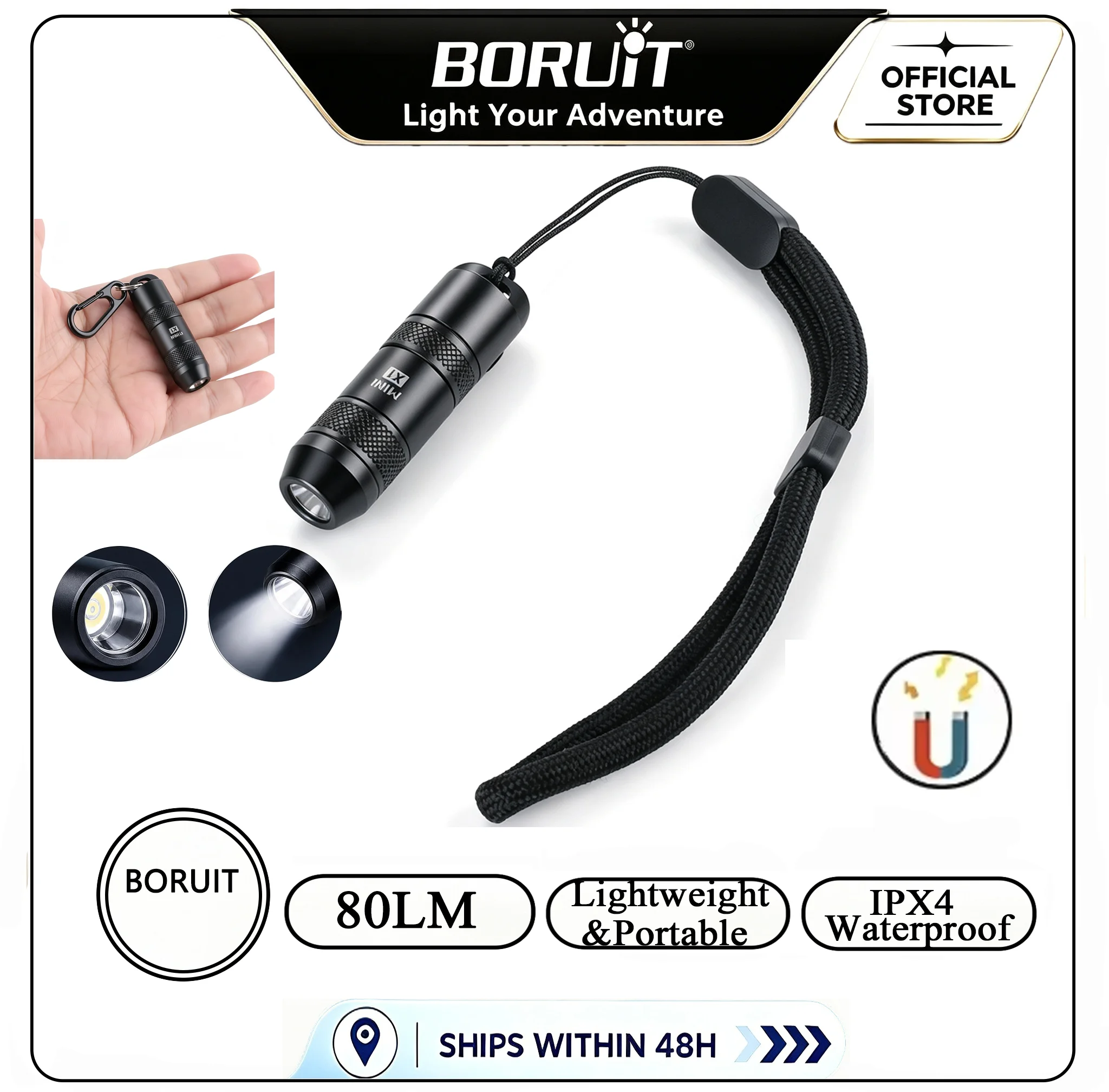 BORUiT Mini Magnetic Keychain Flashlight Type‑C Rechargeable Aluminum Alloy EDC Pocket Torch Waterproof Emergency Light Camping