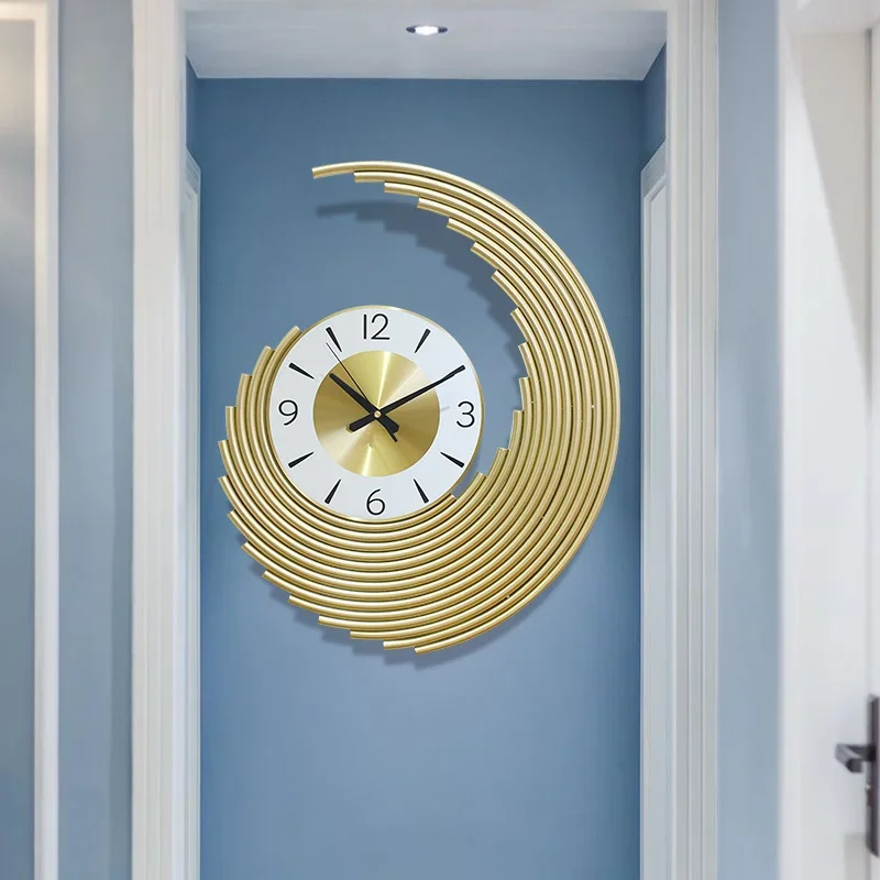Light Luxury Metal Wall Clock Large Golden Crescent Wall Watch Living Room Entrance Decor Mute Pointer Room Art Clock Ornament