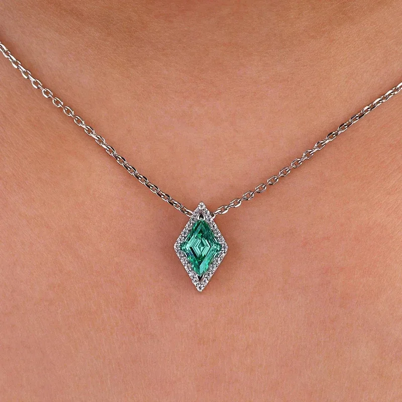 CAOSHI Green Color Pendant Necklace for Women with Rhombus Shape Shining Cubic Zirconia Fashion Style Wedding Engagement Jewelry