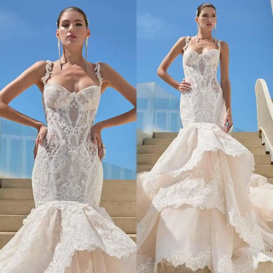 

Modern Bridal Gown Mermaid Spaghetti Strap Exquisite Lace Trim Scalloped Edges Customized Wedding Dresses Formal Prom Party