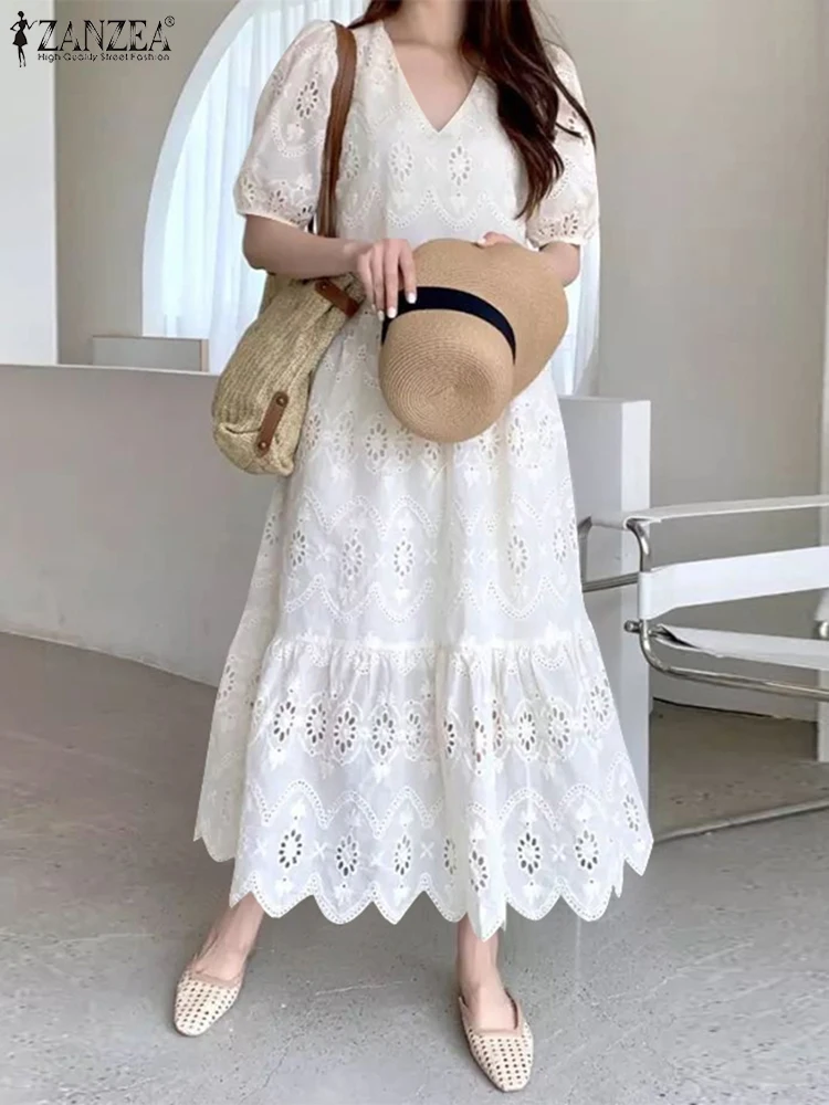 ZANZEA Frauen Spitze Rüschen Saum Vestidos Casual Lose Feste Maxi Kleider Mode V-ausschnitt Puff Sleeve Robe 2025, Sommer Baumwolle Kleid