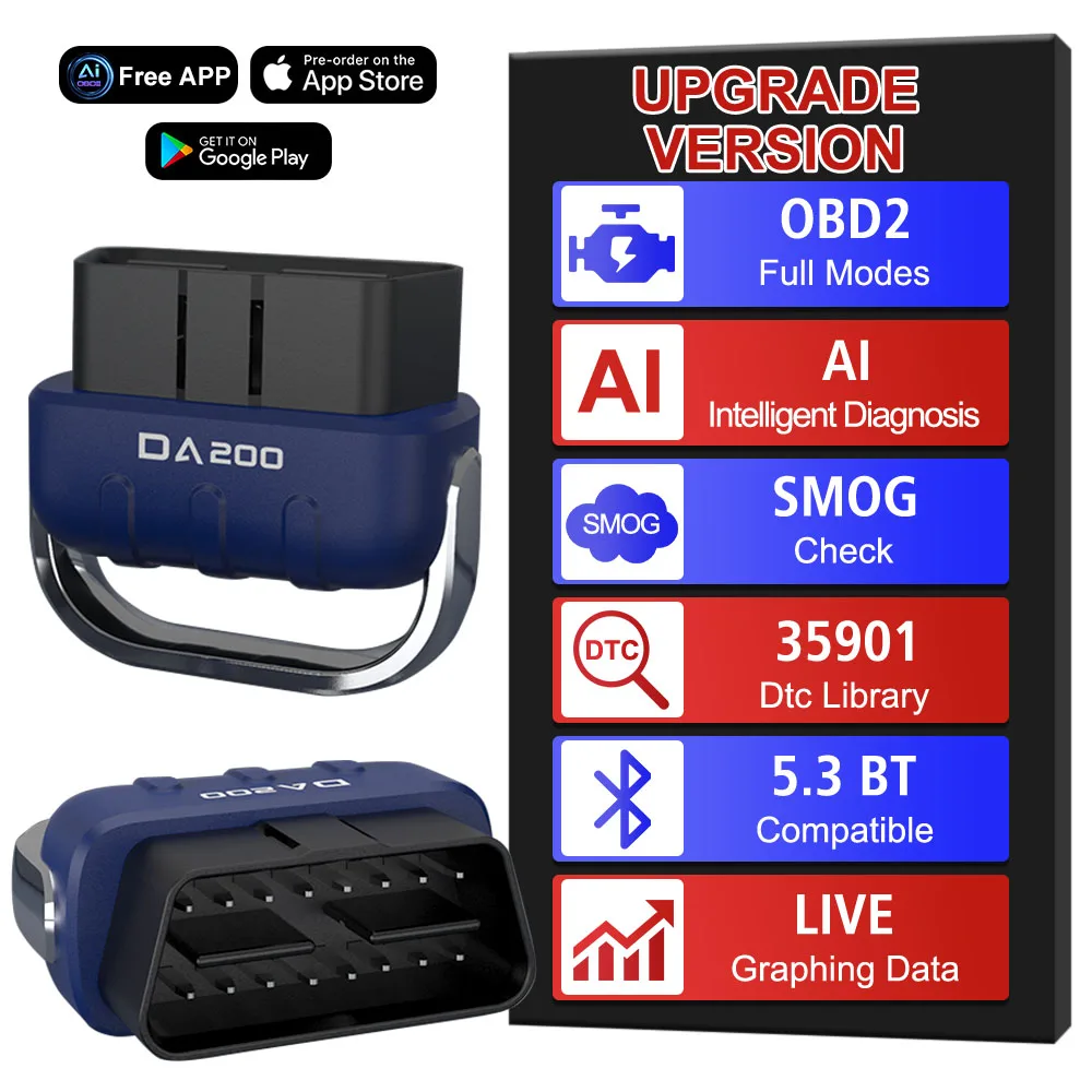 Fault Code Erase Code Reader DA200 Car Diagnostic Tools Bluetooth-Compatible AI OBD 2 Scanner Car Battery O2 Sensor Tester