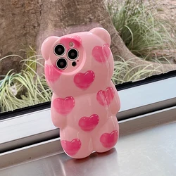 3D Cute Love Pink Bear Phone Case for iphone 15 Pro 14 Plus 13 12 Pro MAX XS MAX XR XS X 11Promax Soft silicone TPU Back Cover