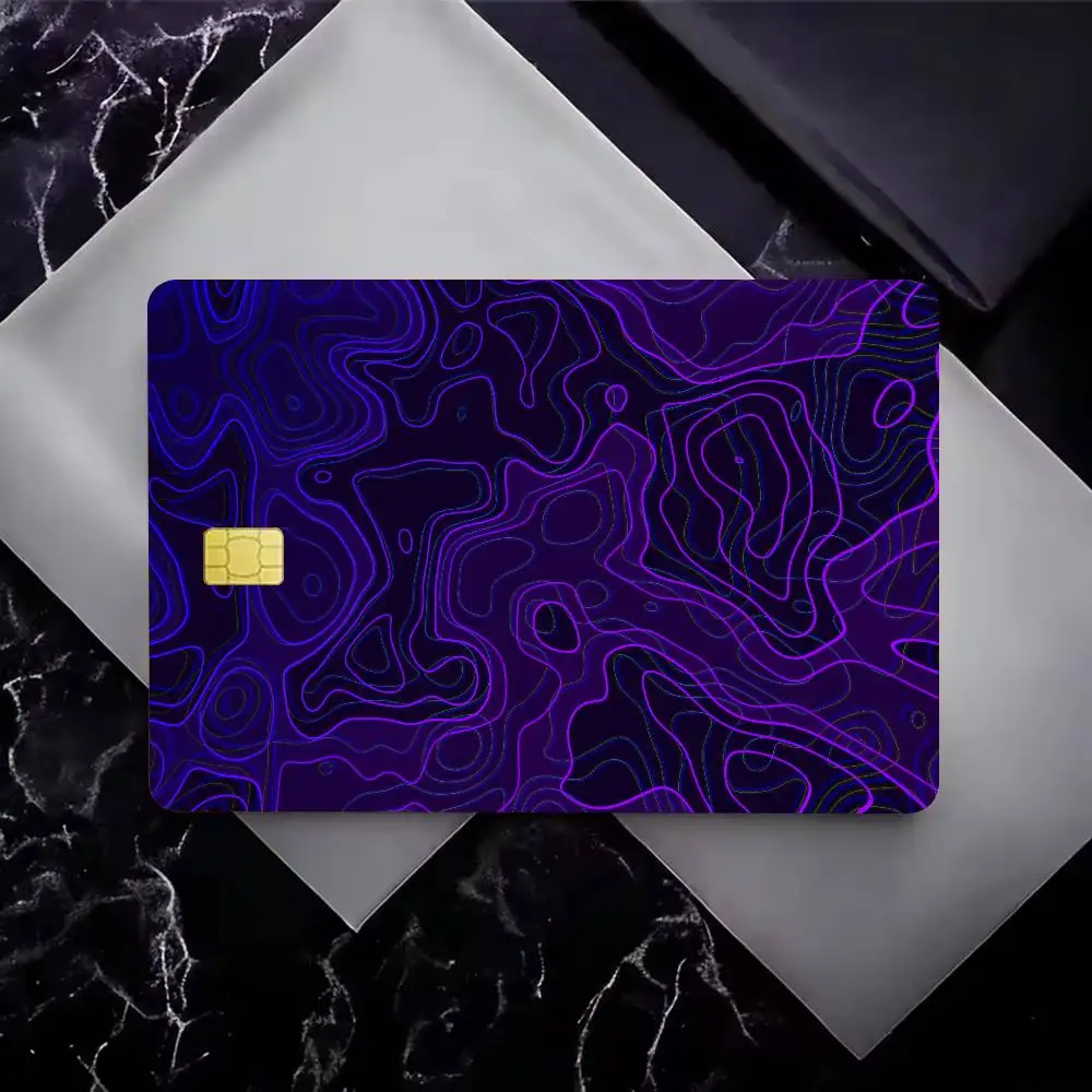 Neon Topographic Map Card Skin Sticker, Purple Blue Contour Line Abstract Removable Scratch‑Resistant Cover Sticker