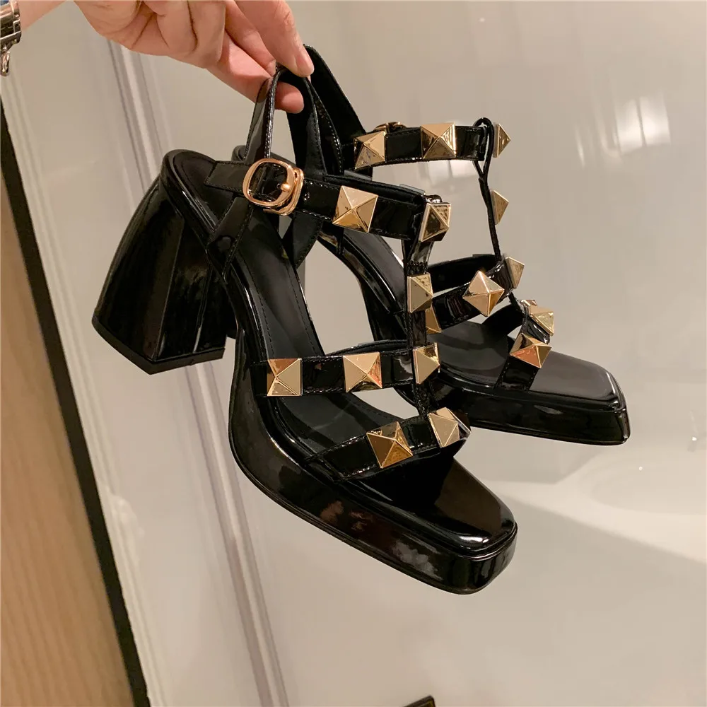 MILI-MIYA Classic Rivet Design Women Sheep Skin Sandals Super High Thick Heels Buckle Strap Square Toe Solid Color Summer Shoes