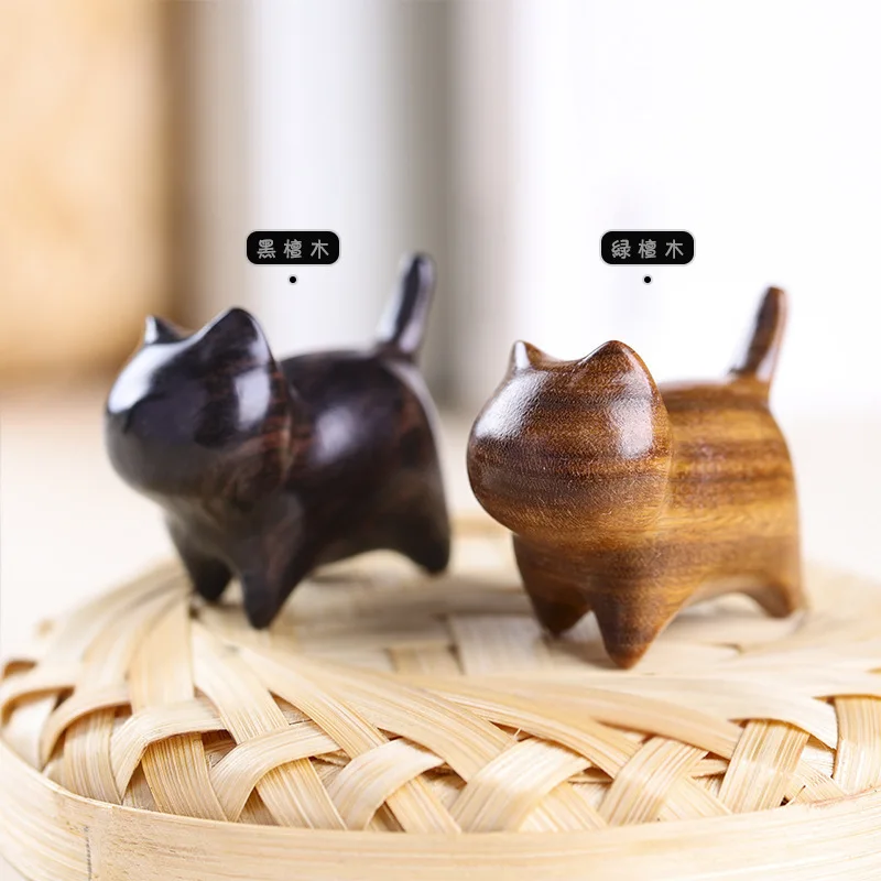 Five Blessings Cat DIY Sandalwood Hand Play Mini Figurine Cute Black Cat Desktop Art Decor Simple Souvenir Gift