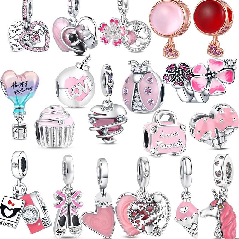 

Pink Series Charms Dangle Fit Original Pandora Bracelets 925 Silver Heart Cake Ice-cream Wine Beads For DIY Women Jewelry Gifts