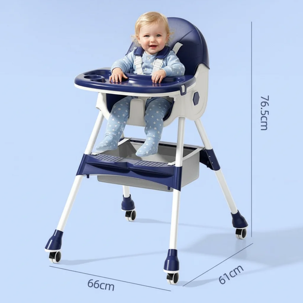 Silla alta plegable ajustable para bebé, silla de alimentación reclinable, fácil de limpiar con reposapiés acolchado, bandeja, portavasos