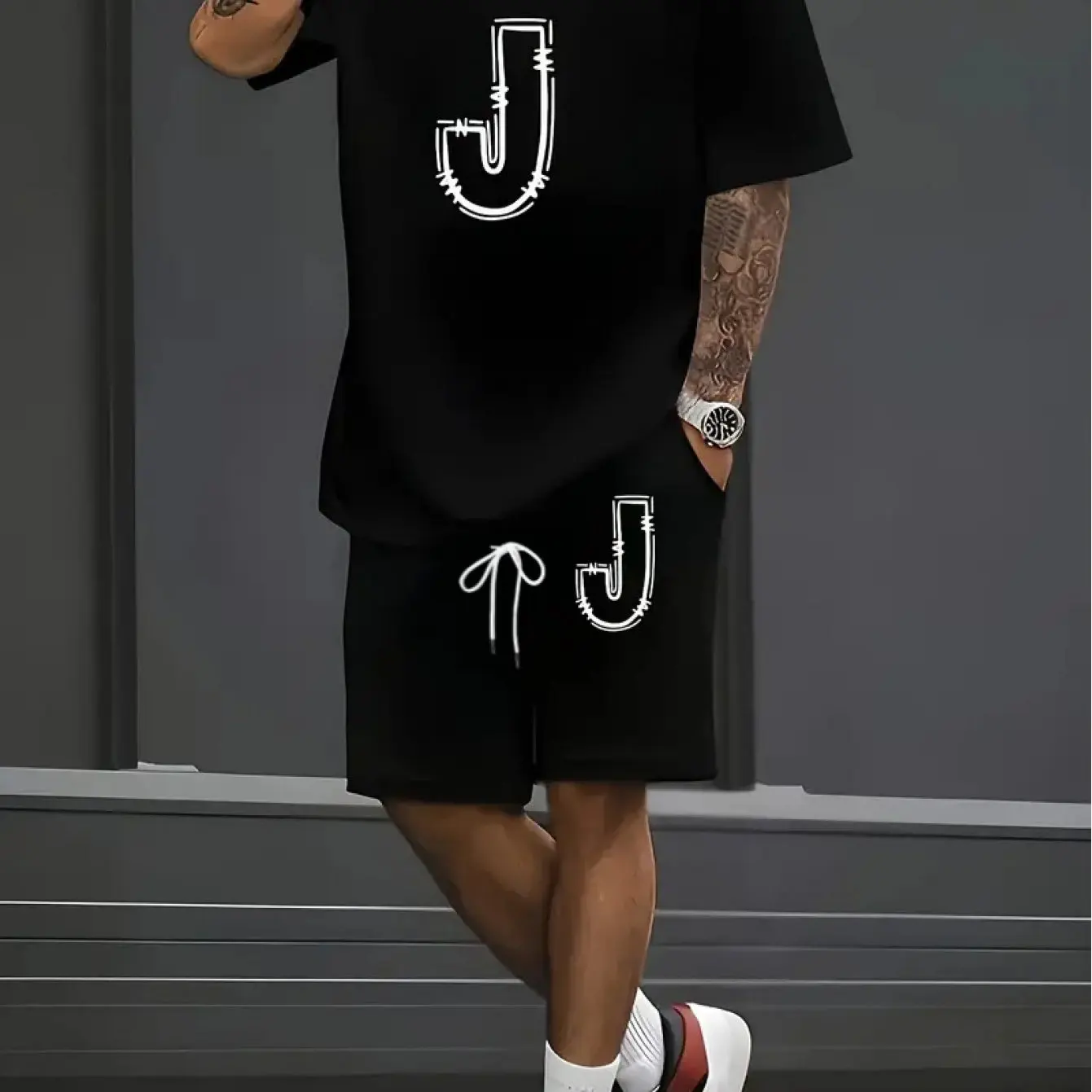 

Men's Casual Letter 'J' Print Set – Trendy Short Sleeves, Comfortable Summer Streetwear