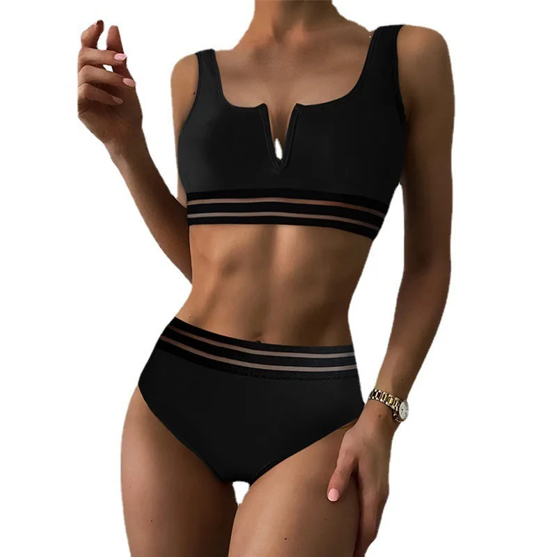 Maillot de bain triangle fendu pour femme, taille haute, vernis noir, serré, décontracté, fibre, coussretours de poitrine, sans support en acier