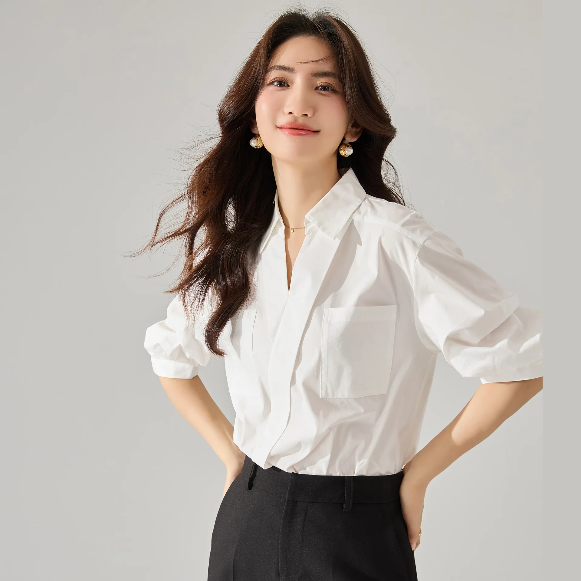 100% Cotton Women's Shirt with V-neck and Mid-length Sleeves for Office or Casual Wear